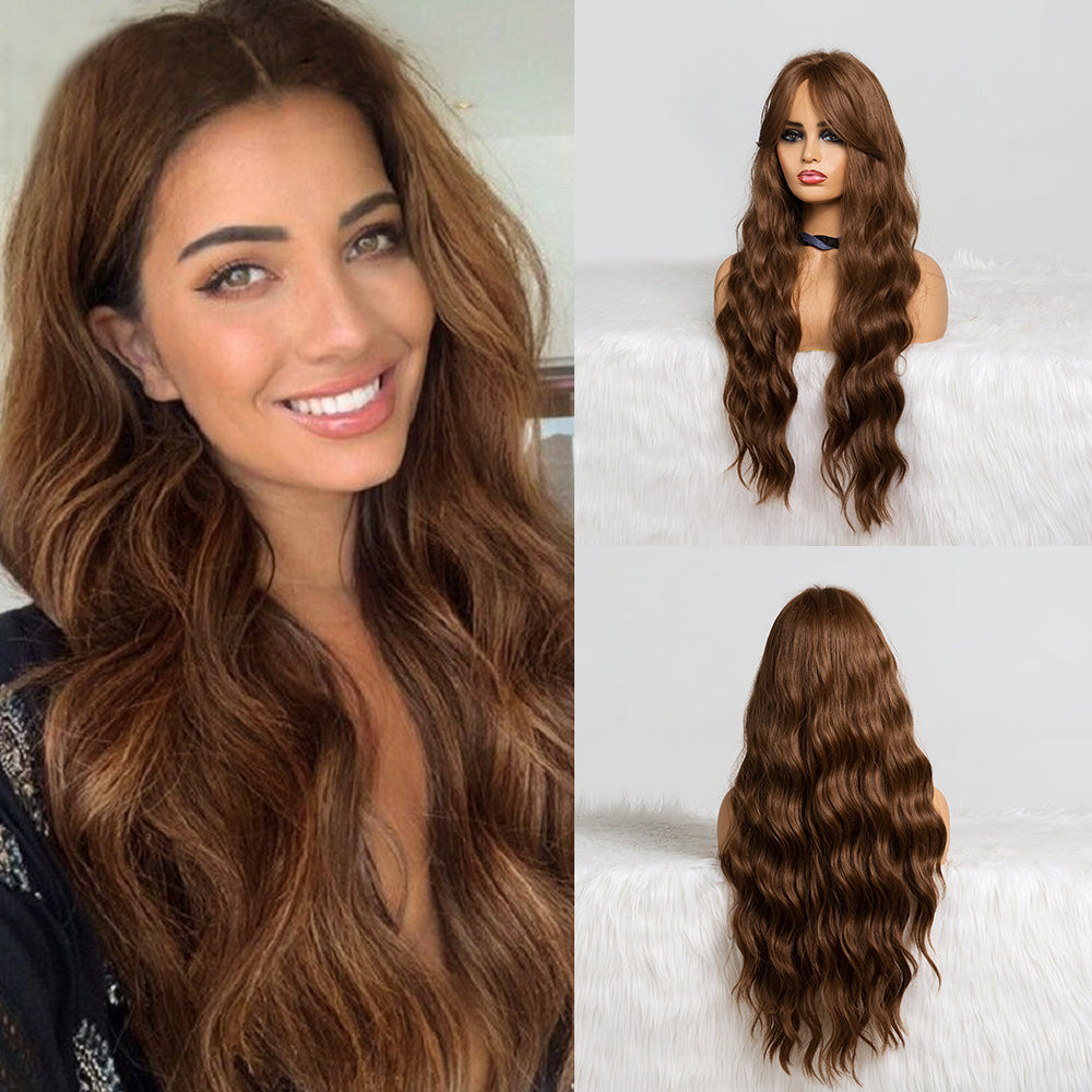 PENNY【WA-LALC357-1】24inches Dark Honey Brown Wig  Natural Body Wave Synthetic Heat-resistance Daily or Party