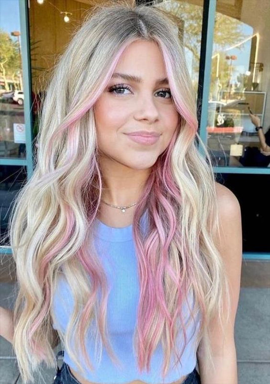 PAMELA【WA-LAIc8107-1】26inches Ombre Blonde & Pink Highlight Wig  Natural Body Wave Synthetic Heat-resistance Daily or Party