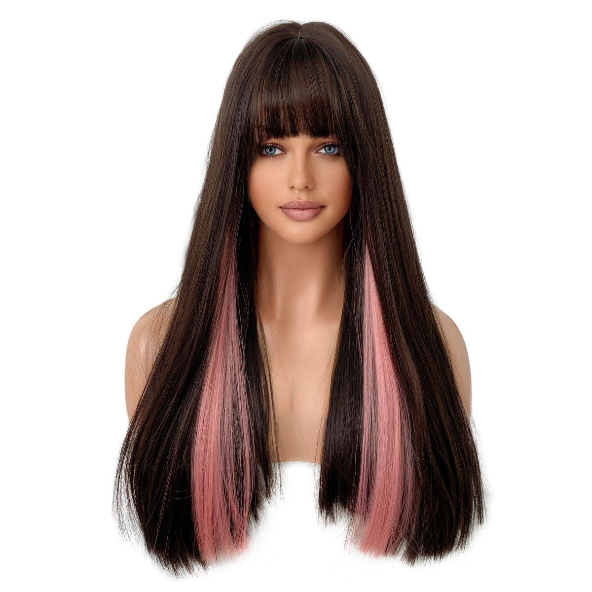 LEAH【WA-XYMW8268-4】 24" Straight Black Pink Highlight Color Wigs for Women, Trendy Wig Synthetic  for Daily Use or Party