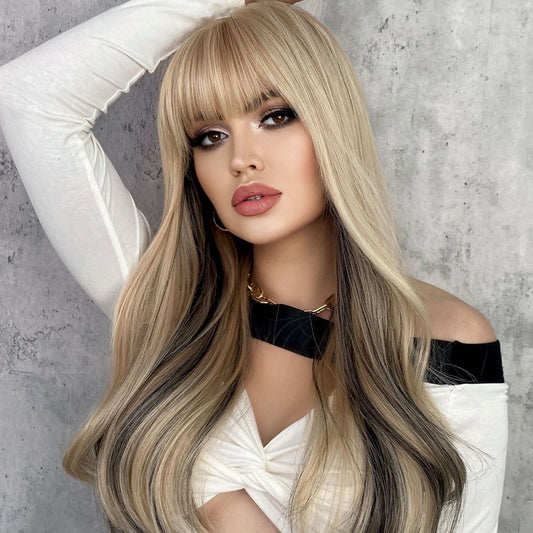 CHARLOTTE 【WA-XYMW0313-1】Blonde with Black Highlight with Bangs for Women Synthetic Hair Body Wave Glue-less  24 inches Heat Resistant