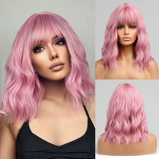 ELLA【WA-WATER007】14 Inches Pink Wig with Air Bangs, Short Pastel Curly Wavy Heat Resistant Synthetic Women's Bob Wig,Cosplay Party Shoulder Length Wigs for Girls,Daily Use Natural Looking Curly Colored Wig