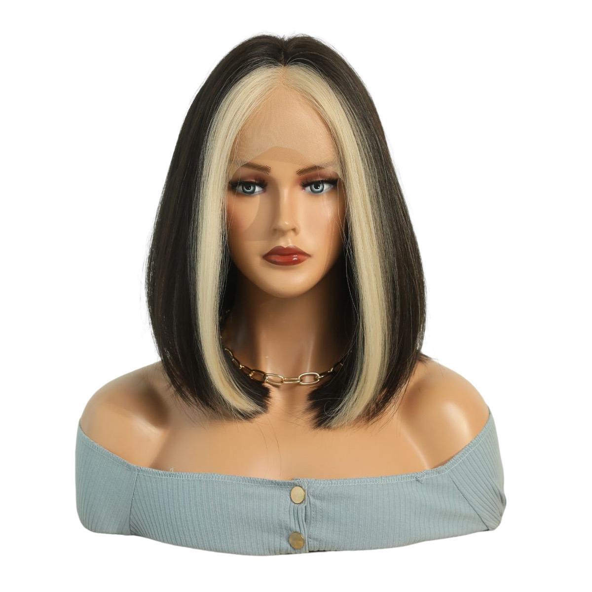 SANDRA【WA-XY5043】15inches Short Bob Wigs  Black Blonde Highlight Streaks Highlights Wig Middle Part Straight T Lace Front  Wig