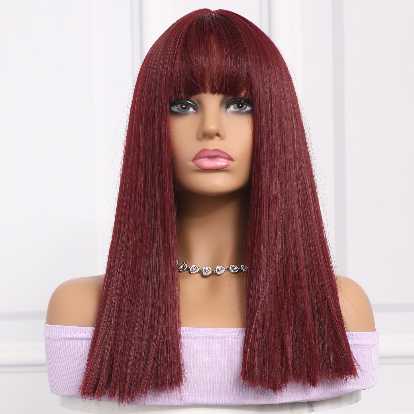 ANITA【WA-SM477】18inches Red Wine  Wig with Bangs,Straight Shoulder Length Wigs , Synthetic Heat Resistant  Party Costume Cosplay Wig for Women Girls Daily Wear Colorful Wigs