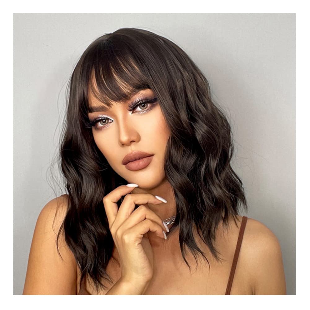 VIKA【 WA-SM210-4】16inches Dark Brown Curly Bob Wigs Short Wavy Bob Wig with Bangs Women's Shoulder Length Wigs Natural Looking Synthetic Cosplay