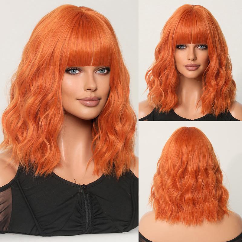 BERON【WA-XY1042-808】14inches Orange Wigs Short Curly Bob Wig with Bangs Wavy Hair Wigs Women's Synthetic Wigs Daily Party Use