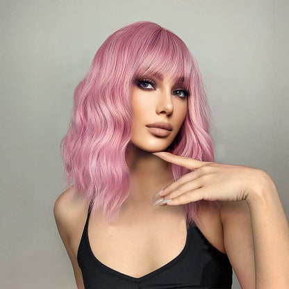 ELLA【WA-WATER007】14 Inches Pink Wig with Air Bangs, Short Pastel Curly Wavy Heat Resistant Synthetic Women's Bob Wig,Cosplay Party Shoulder Length Wigs for Girls,Daily Use Natural Looking Curly Colored Wig