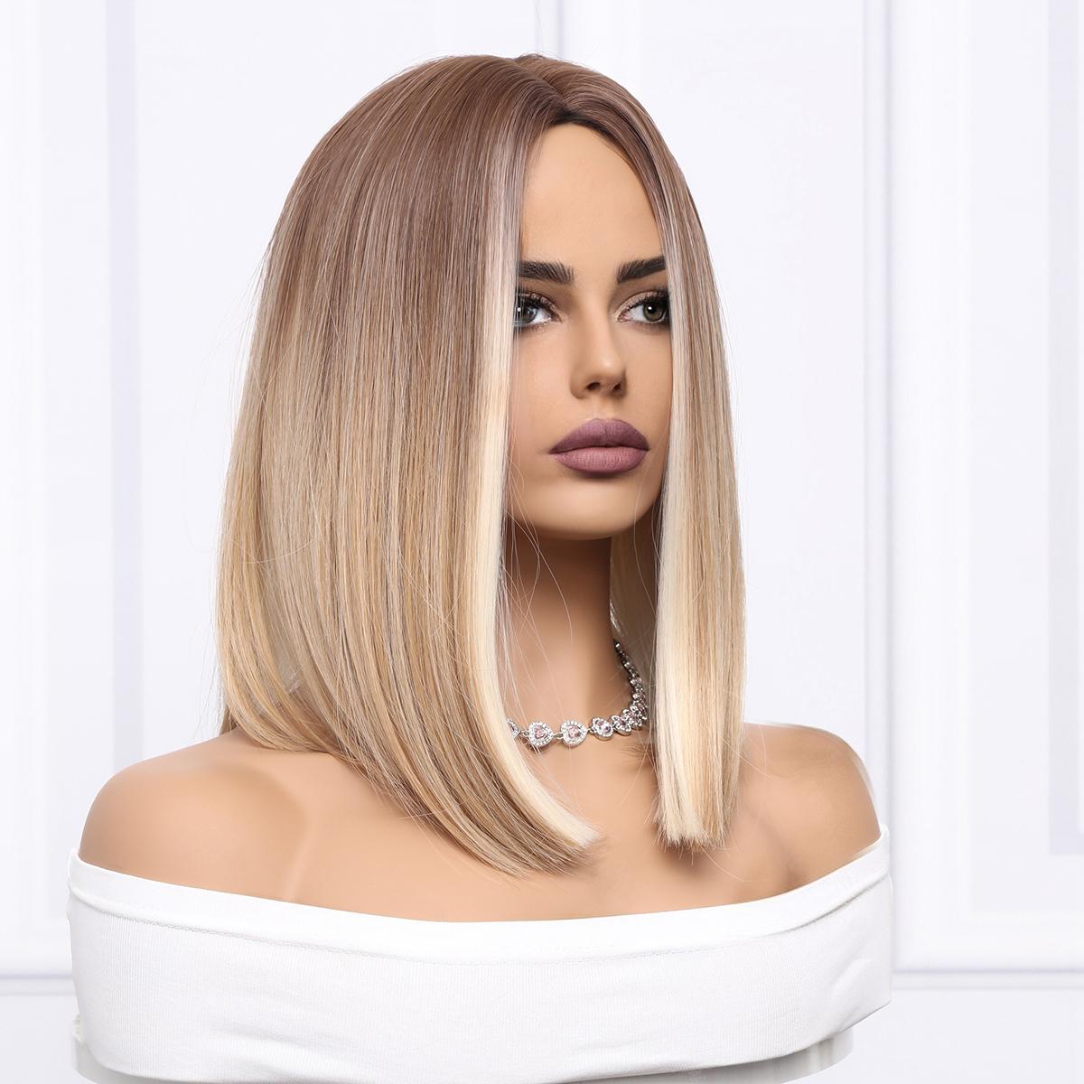 HANNA【WA-SM8037】16inches Straight BOB wigs White Gold Gradient wigs Mixed Brown and Blonde Color  Wigs for Women Highlight Synthetic Wig