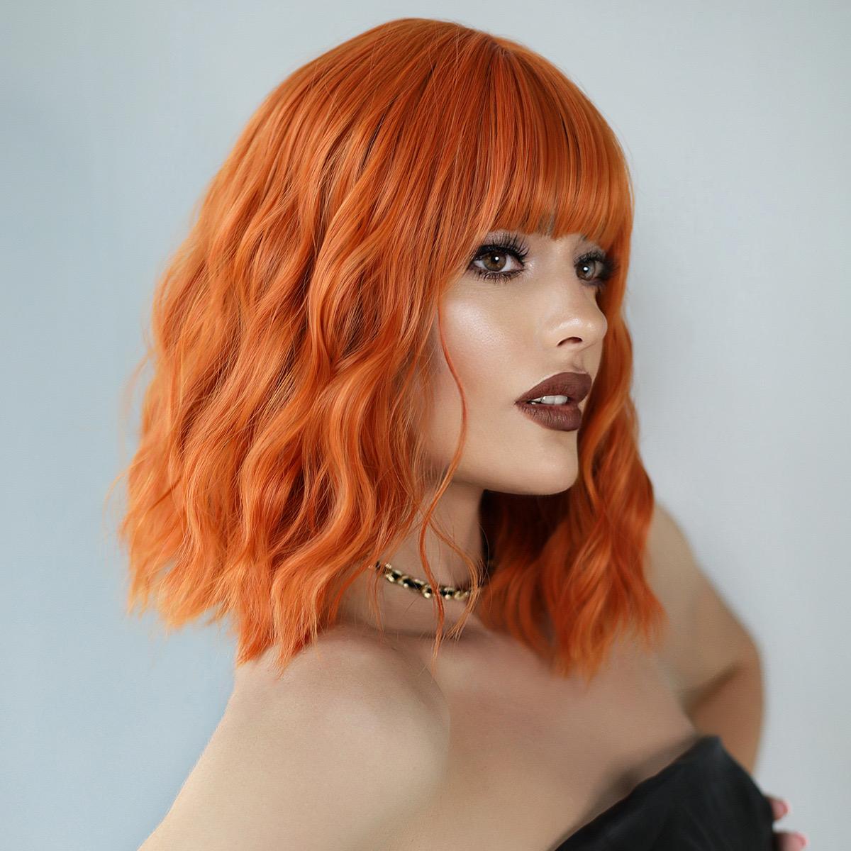 BERON【WA-XY1042-808】14inches Orange Wigs Short Curly Bob Wig with Bangs Wavy Hair Wigs Women's Synthetic Wigs Daily Party Use