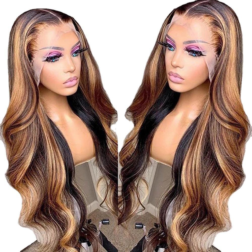 SCARLET【WA-NF005】 Highlight Honey Blonde Body Wave Lace Front Wig Human Hair  T Part  For Women, 18 Inch Piano Color