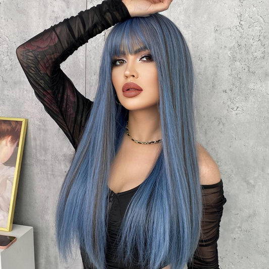 SYLVIA【WA-XY0339】24inches Mermaid Blue Synthetic Machine-Made Wig Natural Straight Synthetic  Machine Made Heat Resistant Fiber Hair for Woman