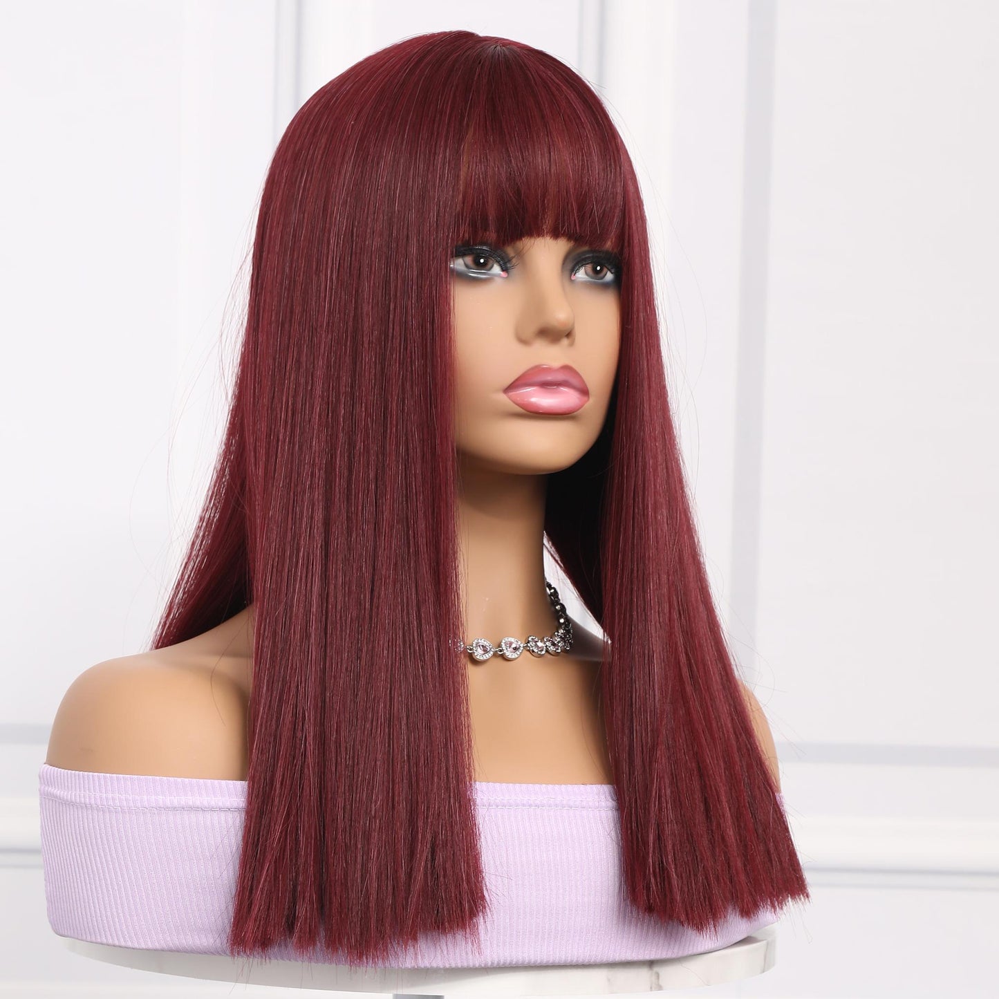 ANITA【WA-SM477】18inches Red Wine  Wig with Bangs,Straight Shoulder Length Wigs , Synthetic Heat Resistant  Party Costume Cosplay Wig for Women Girls Daily Wear Colorful Wigs