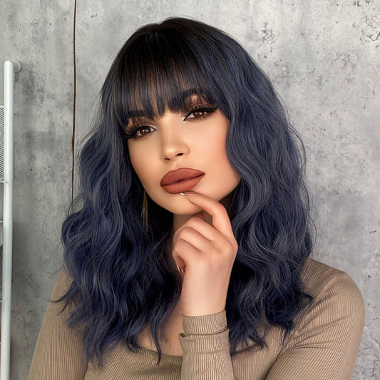 ASHLEY【WA-XY8262-3】20 inches Short Curly Bob Wig Charming Women Girls Beach Wave Wigs for Cosplay Costume Party Wig Cap Included (Mix Blue)